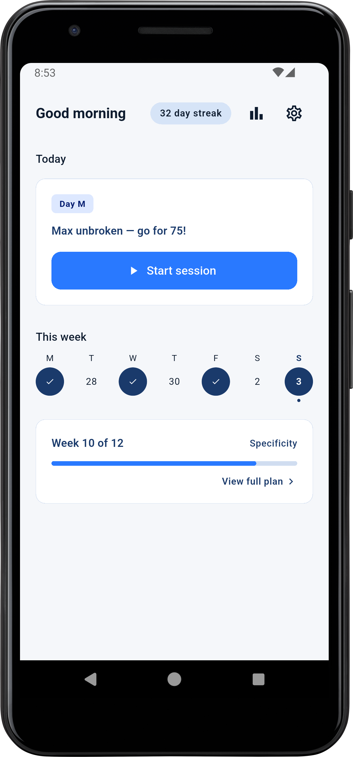 Century dashboard showing today's session, weekly streak, and plan progress